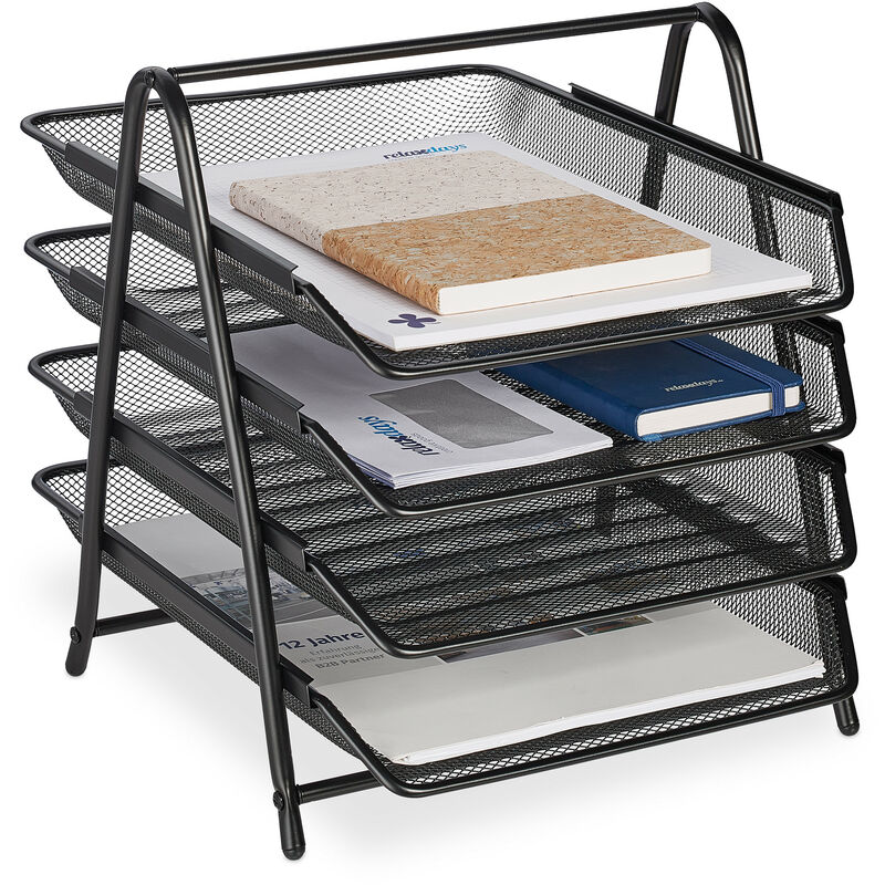 foto del prodotto organizer portadocumenti con 4 vaschette, portalettere a4, hlp 32,5 x 30 x 35,5 cm, rete in acciaio, nero relaxdays