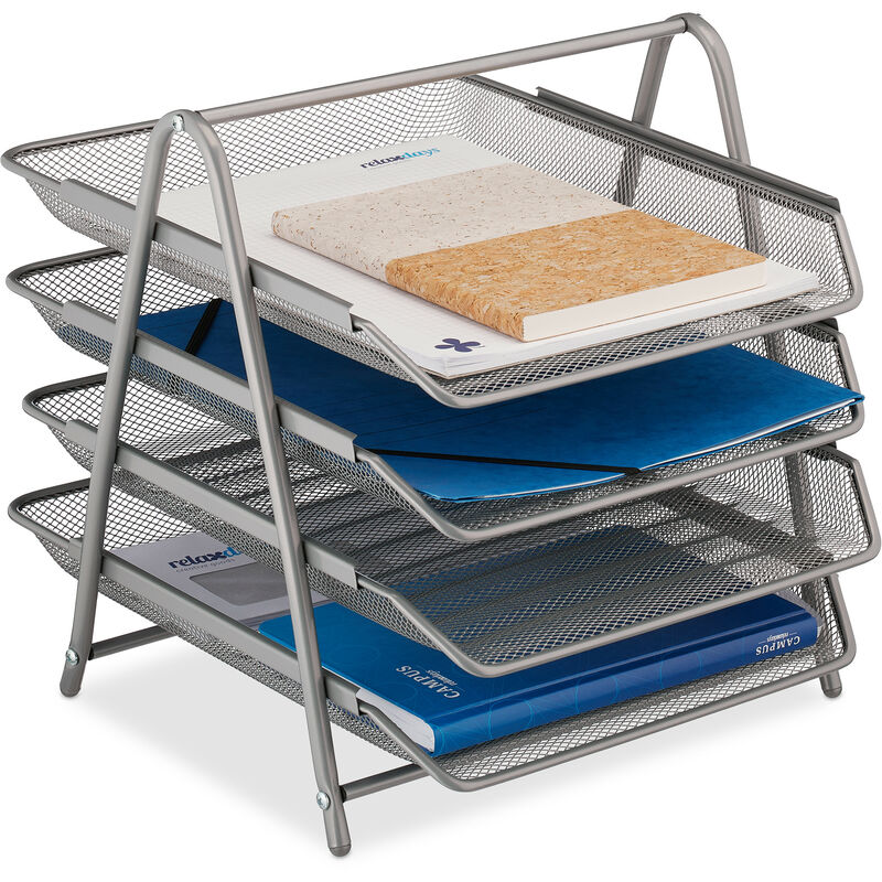 foto del prodotto organizer portadocumenti con 4 vaschette, portalettere a4, hxlxp 32,5 x 30 x 35 cm, rete in acciaio, argentato relaxdays