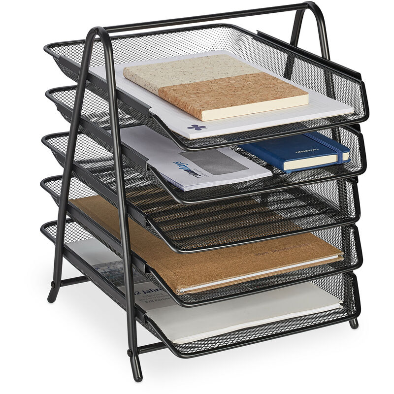foto del prodotto organizer portadocumenti con 5 vaschette, portalettere a4, hlp 37,5 x 30 x 35,5 cm, rete in acciaio, nero relaxdays