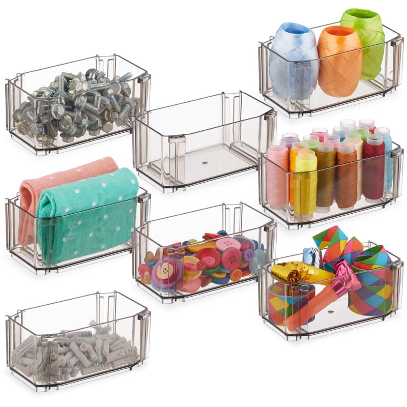 foto del prodotto organizer portaoggetti da cassetto, set da 8 scatole per scrivania o in bagno, plastica trasparente, marrone relaxdays