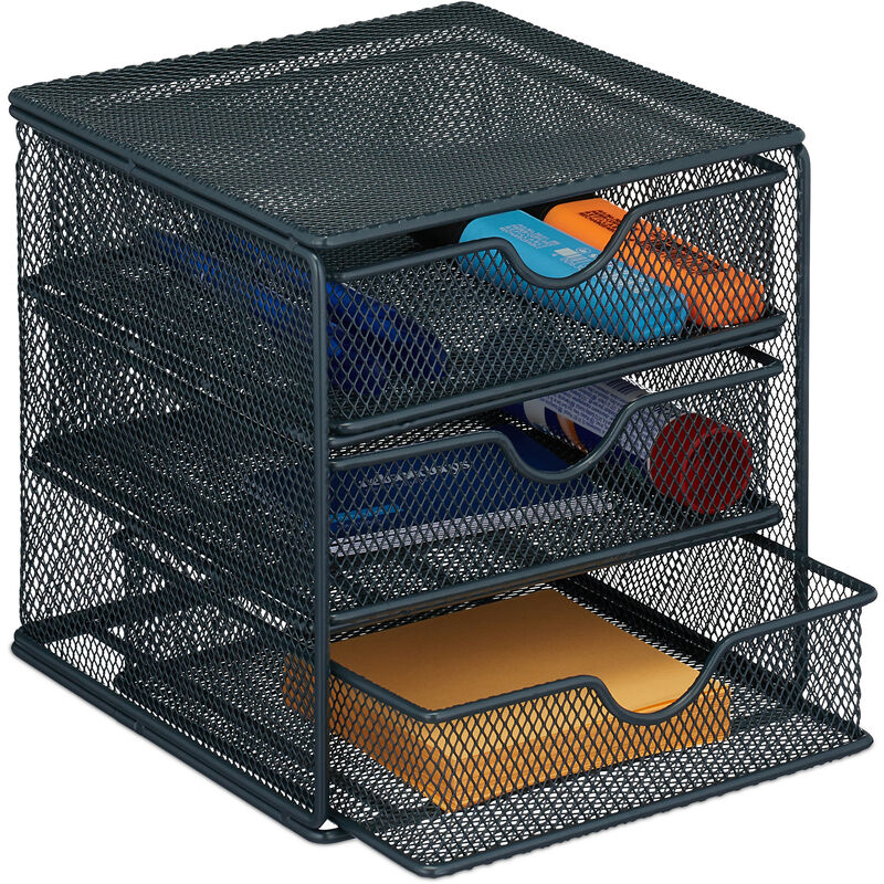 foto del prodotto organizer portaoggetti da scrivania, 3 cassetti, per cancelleria ufficio, acciaio, hlp 17x16x17 cm, antracite relaxdays