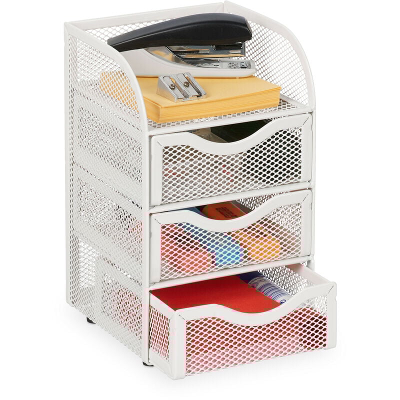 foto del prodotto organizer portaoggetti da scrivania, 3 cassetti, per cancelleria ufficio, acciaio, hlp 21x12,5x13 cm, bianco relaxdays