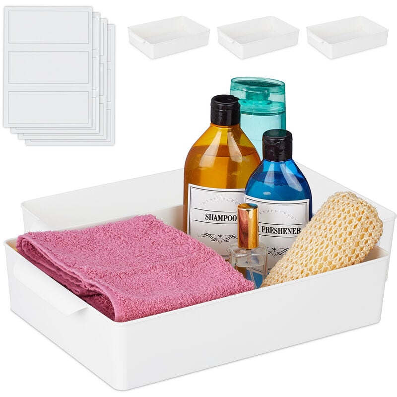 foto del prodotto organizer portaoggetti, set 4 scatole, box contenitori da bagno o cucina, hlp 7x24x34 cm, plastica, bianca relaxdays