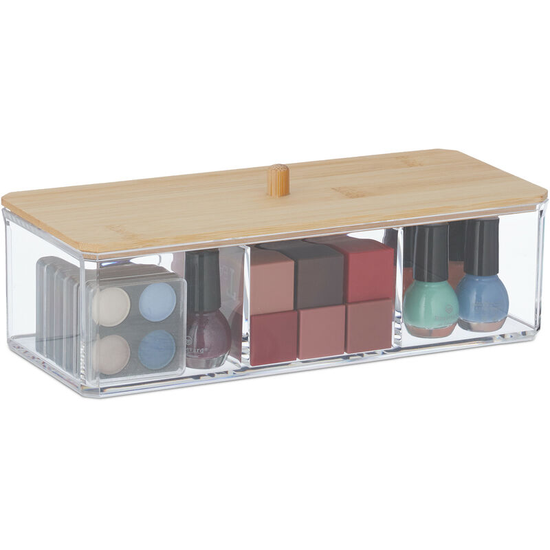 foto del prodotto organizer trucchi, 3 scomparti make up, bamb e plastica, 7,5x23x9,5 cm portatrucchi, trasparente naturale relaxdays