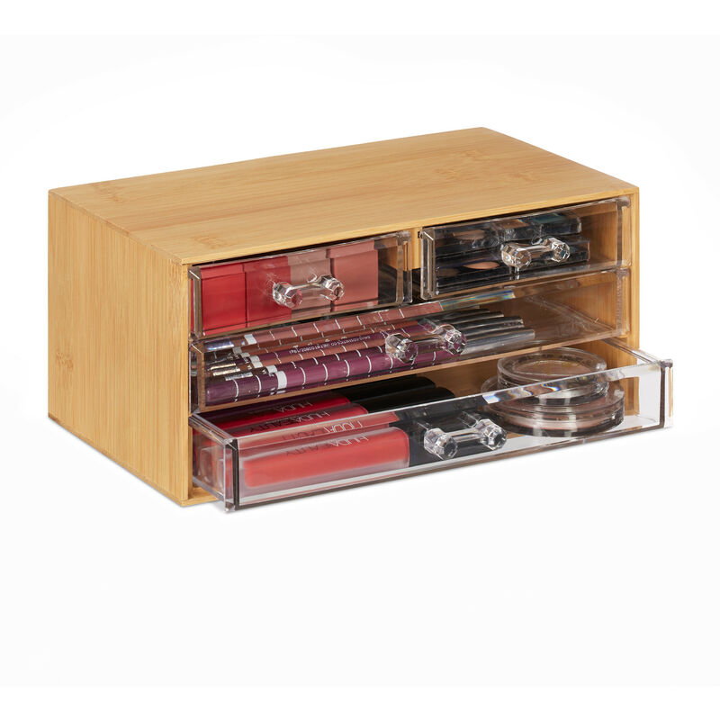 foto del prodotto organizer trucchi, 4 cassetti, bamb e plastica, 11x23,5x15 cm portatrucchi portaoggetti, trasparente naturale relaxdays