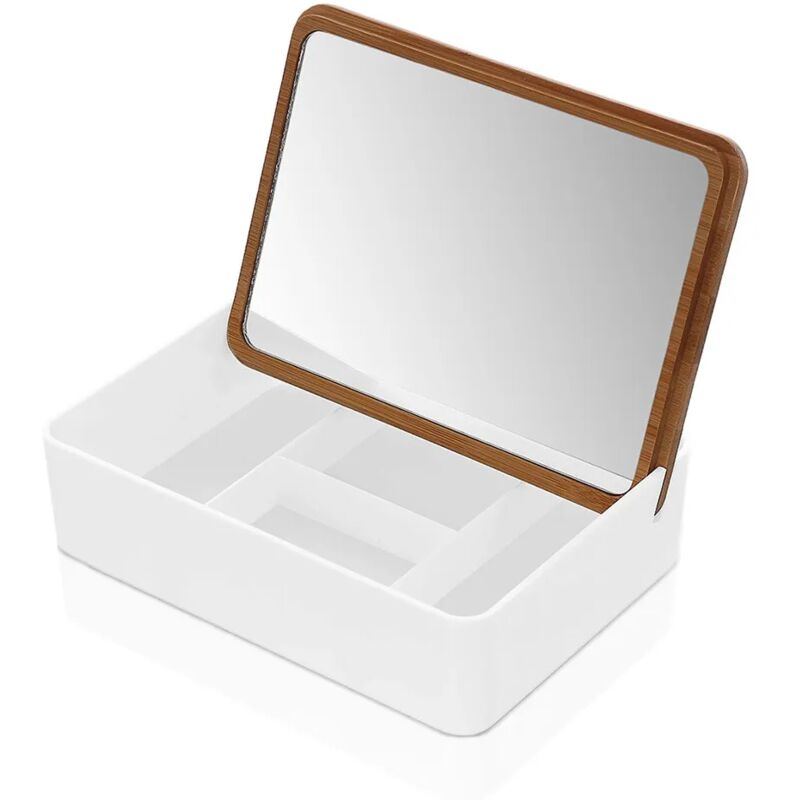 foto del prodotto organizer trucchi in plastica bianca completo di specchio con dettagli in bambù