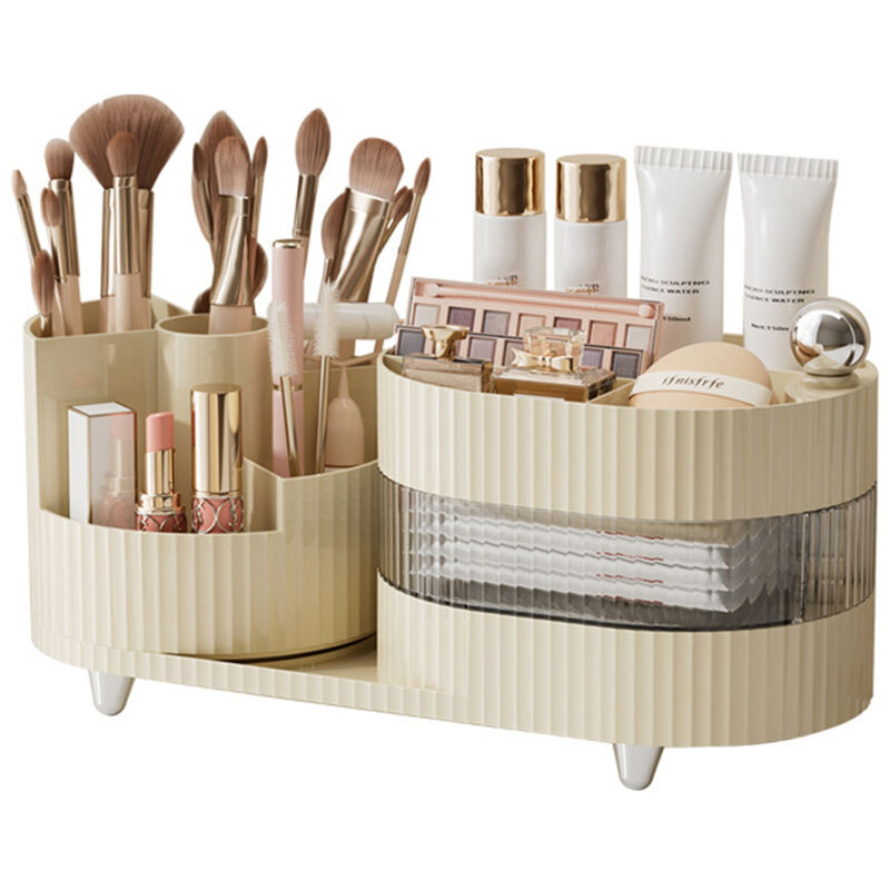 foto del prodotto organizer trucchi, porta trucchi organizer rotante a 360 , compartimento rotante 2 in 1 organizzatore trucchi, make up organizer per profumi,
