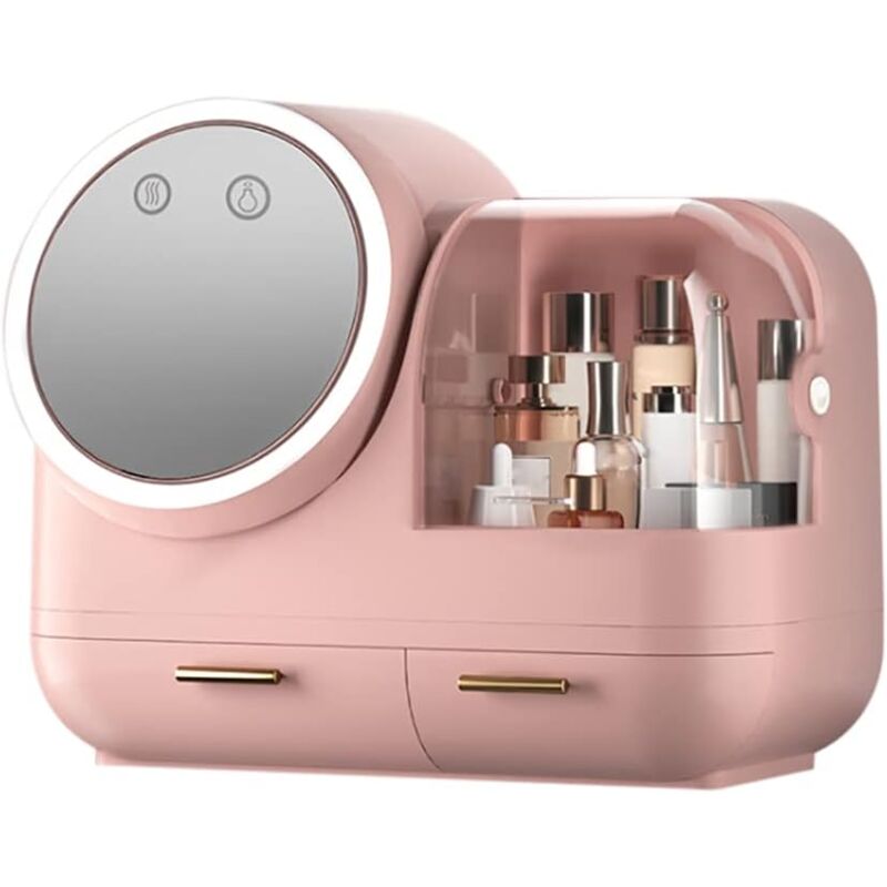 foto del prodotto organizzatore cosmetico con specchio, organizer per trucchi con luce e antipolvere, scatola cosmetica con specchio, luce a led, ricarica usb rosa 