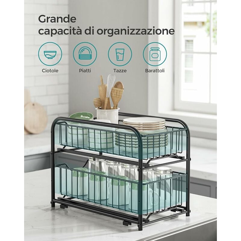 foto del prodotto organizzatore da cucina, scaffale a 2 ripiani estraibili per armadietto, organizzatore impilabile sottolavello con cassetti portaoggetti, per cucina,