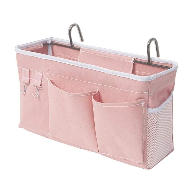 foto del prodotto organizzatore da letto con ganci, tasca portaoggetti per letto a soppalco, per libri, riviste, cellulare, cuffie rosa 