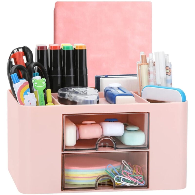 foto del prodotto organizzatore da scrivania con cassetto, portapenne e organizer da tavolo, forniture per ufficio con 5 scomparti 2 cassetti per accessori da
