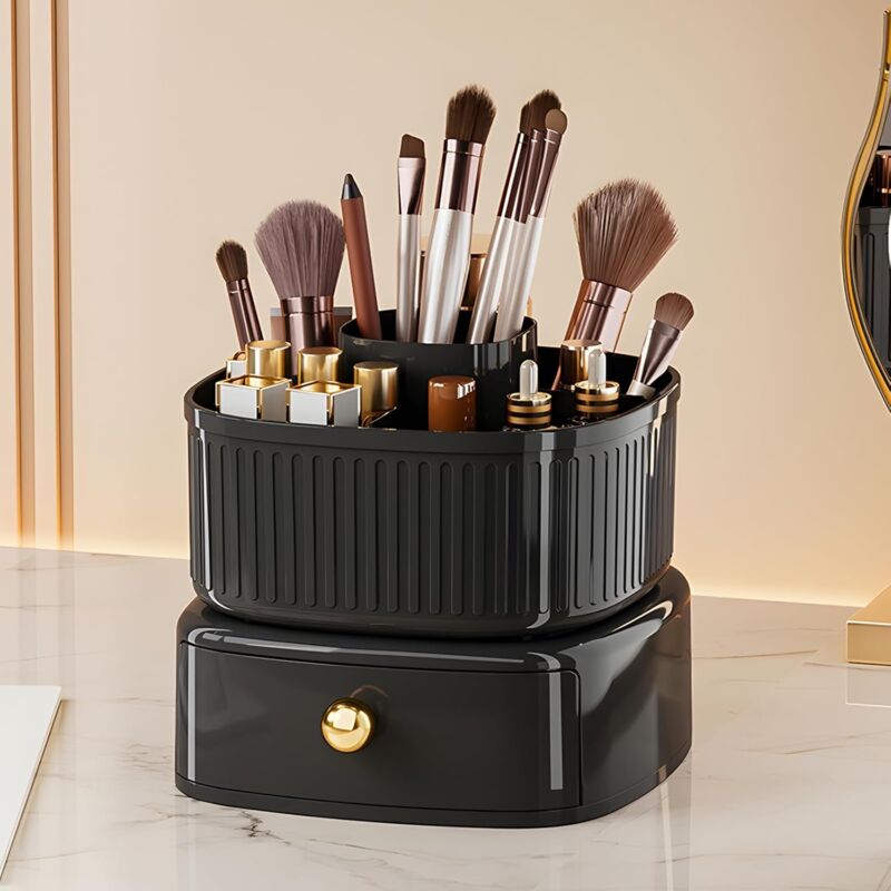 foto del prodotto organizzatore di cosmetici, organizzatore di pennelli rotante a 360 con cassetto, supporto per cosmetici, organizzatore per toletta, organizzatore