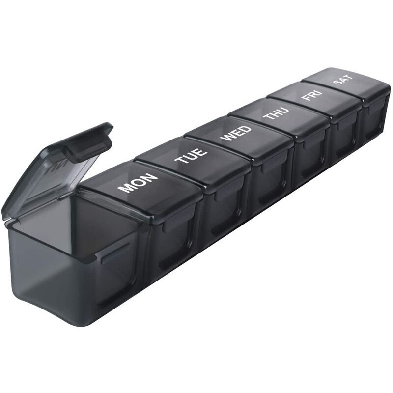 foto del prodotto organizzatore di pillole nero premium senza bpa scatole per compresse da viaggio ampi scomparti facili da aprire design unico con apertura a