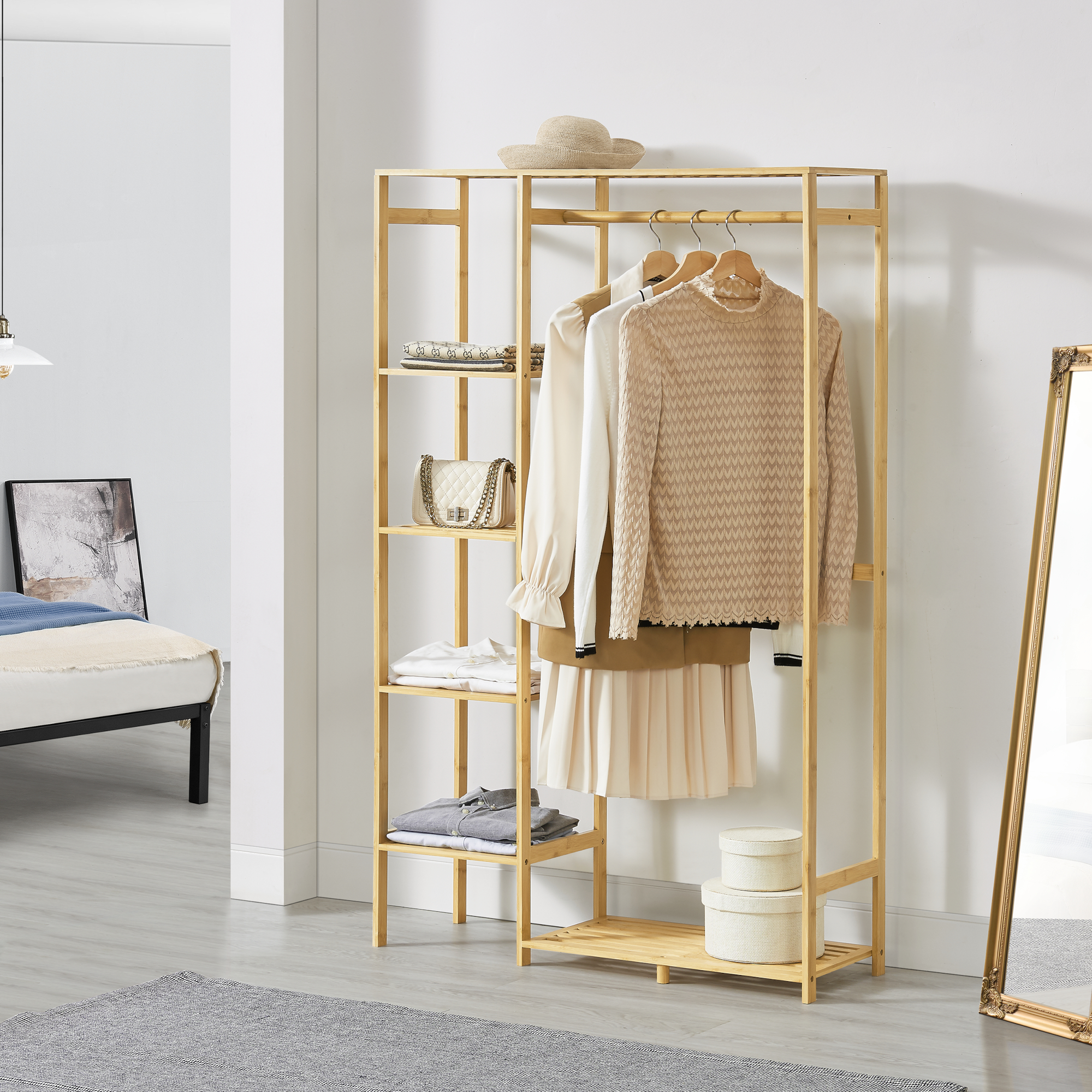 foto del prodotto organizzatore guardaroba 'eurajoki' scaffalatura in bambù con asta appendiabiti e ripiani en.casa