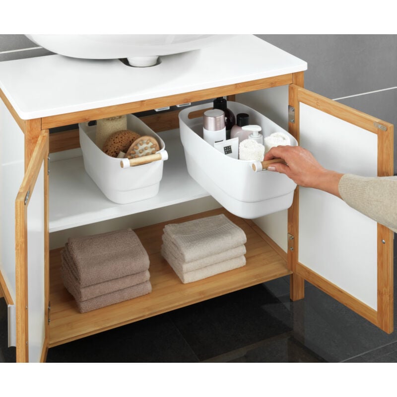 foto del prodotto organizzatore per armadio s, cestino portaoggetti da cucina con manico in legno, compatibile con lavastoviglie, plastica legno, 14,5x12x27 cm,