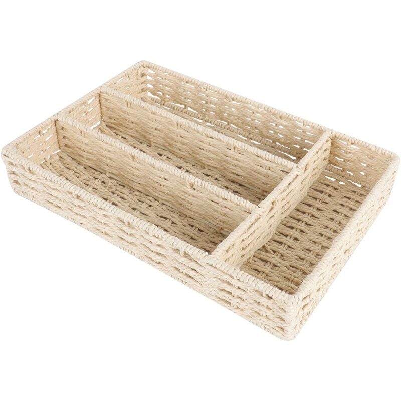 foto del prodotto organizzatore per cassetti di utensili da cucina con divisori, cestino per posate in rattan, cestino da portata in vimini naturale