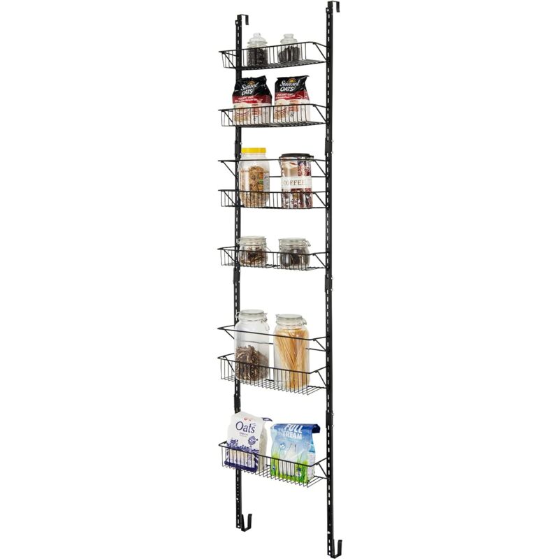 foto del prodotto organizzatore per dispensa sopra la porta, porta spezie regolabile in altezza a 6 livelli, 2 opzioni di montaggio, per cucina guardaroba bagno, nero