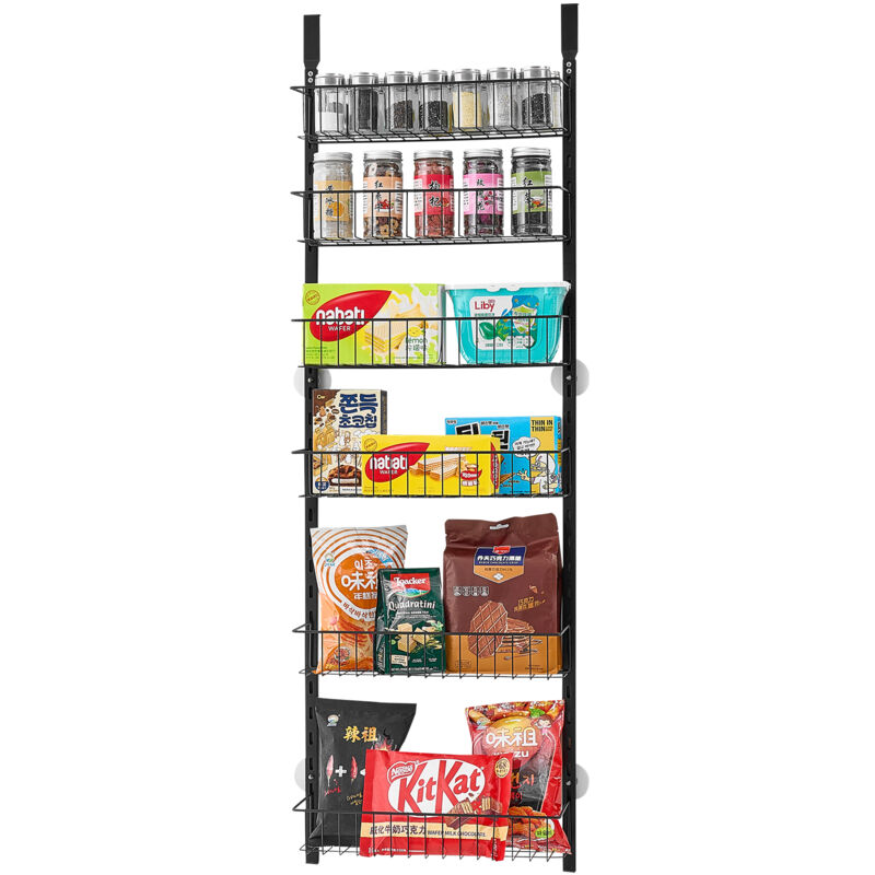 foto del prodotto organizzatore per dispensa sopra porta, sistema di stoccaggio con 6 ripiani, porta spezie sospeso in acciaio robusto, ripiani regolabili per
