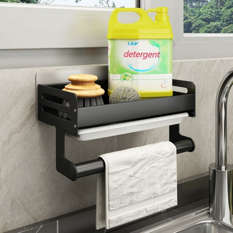 foto del prodotto organizzatore per lavello, portaspazzola per lavello con porta asciugamani, organizer porta spugna per lavello autoadesivo per accessori da cucina,