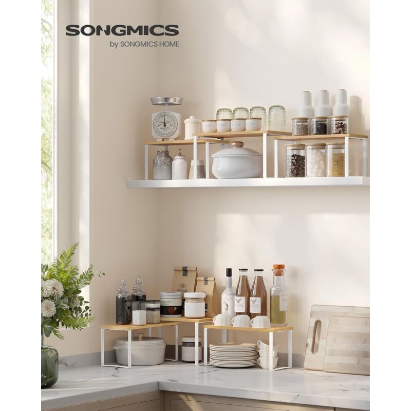 foto del prodotto organizzatori armadio da cucina, set di 3 scafali da banco, impilabili, portaspezie espandibile, in metallo e bamb , bianco nuvola e beige naturale