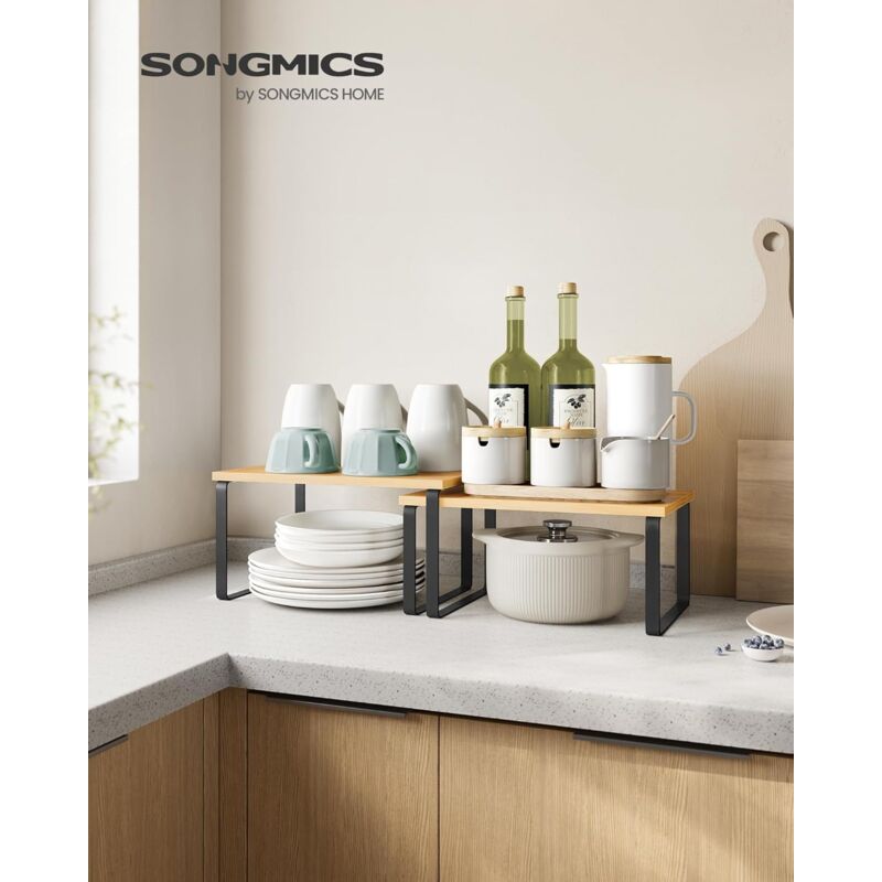 foto del prodotto organizzatori da cucina, set di 5 scaffali da banco, portaoggetti per armadietto, impilabile, espandibile, metallo e legno ingegnerizzato, nero
