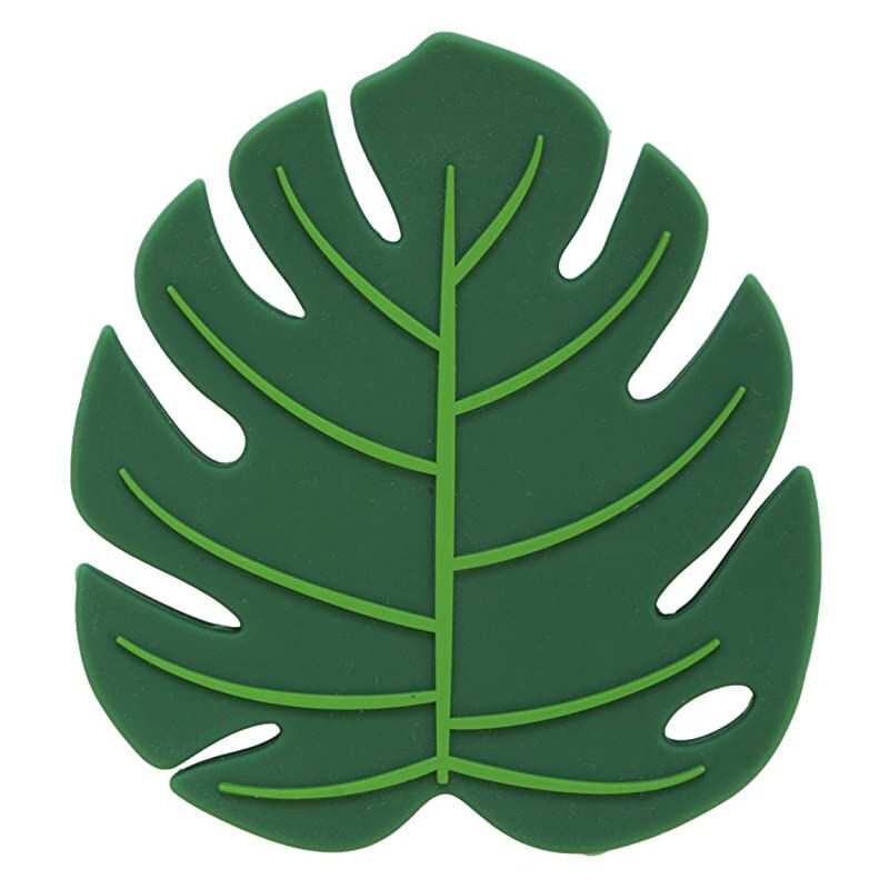 foto del prodotto originale poggia cucchiaio a forma di foglia di monstera deliciosa . poggia cucchiaio in silicone. portautensili verde. 11,5 x 11,5 centimetri.
