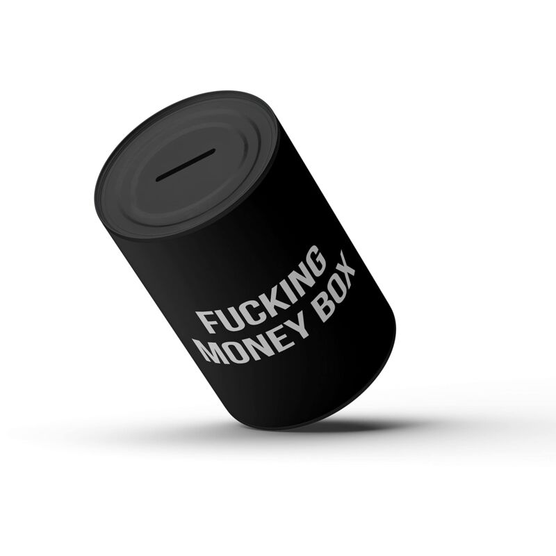 foto del prodotto originale salvadanaio con messaggio.grande salvadanaio in acciaio per adulti.salvadanaio in peltro per regali. xxl fcking money box, nero fisura