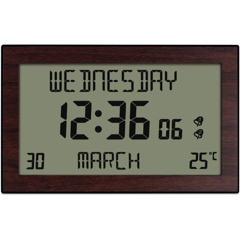 foto del prodotto orologio calendario data, giorno della settimana, ora temperatura stampe grandi telecomando 2 allarmi effetto legno 24 cm 16 cm cm
