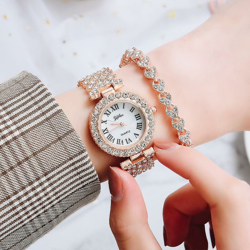 foto del prodotto orologio da donna in oro rosa di lusso orologio da polso al quarzo con diamanti da donna alla moda orologio da polso femminile elegante da 2 pezzi