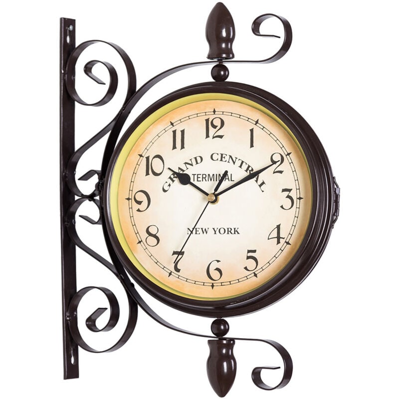 foto del prodotto orologio da parete bifacciale in stile retr antico, orologio da parete da stazione con design in ferro battuto, orologio a batteria con numeri