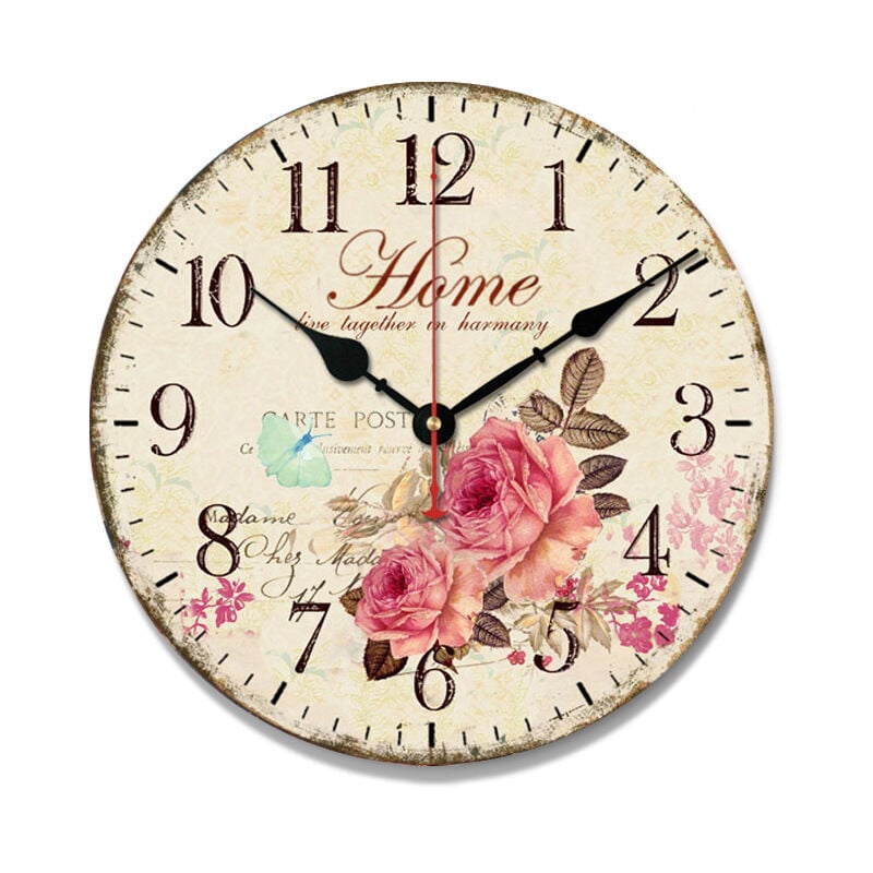 foto del prodotto orologio da parete con fiori rosa da 30 cm, orologio da parete retr in legno per soggiorno, camera da letto e cucina, orologi da parete rotondi