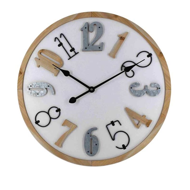 foto del prodotto orologio da parete tondo in legno 60x5x60cm con simpatici inserti in metallo