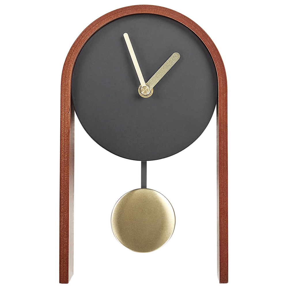 foto del prodotto orologio da tavolo decorazione in mdf nero e legno scuro con pendolo decorativo senza numerazione