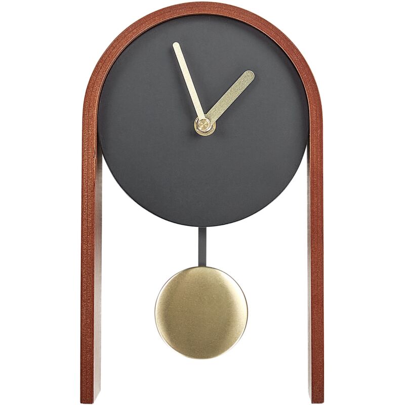 foto del prodotto orologio da tavolo moderno in mdf a quadrante rotondo senza numerazione pendolo decorativo nero e legno scuro blatten