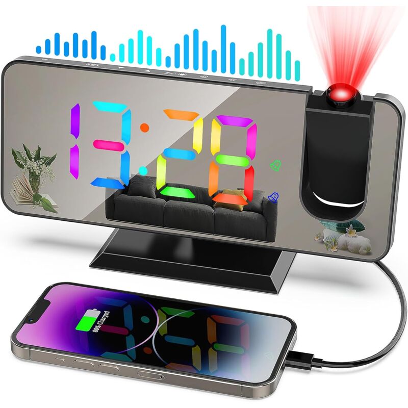foto del prodotto orologio digitale con proiettore da 7,4 con radiosveglia e porta usb, 5 livelli di luminosit , doppia sveglia, snooze, 12 24 ore, sveglia con