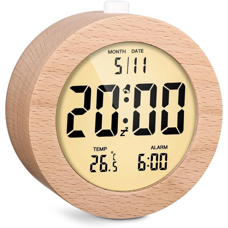 foto del prodotto orologio digitale lcd rotondo in legno con data, temperatura, retroilluminazione, snooze, sveglia