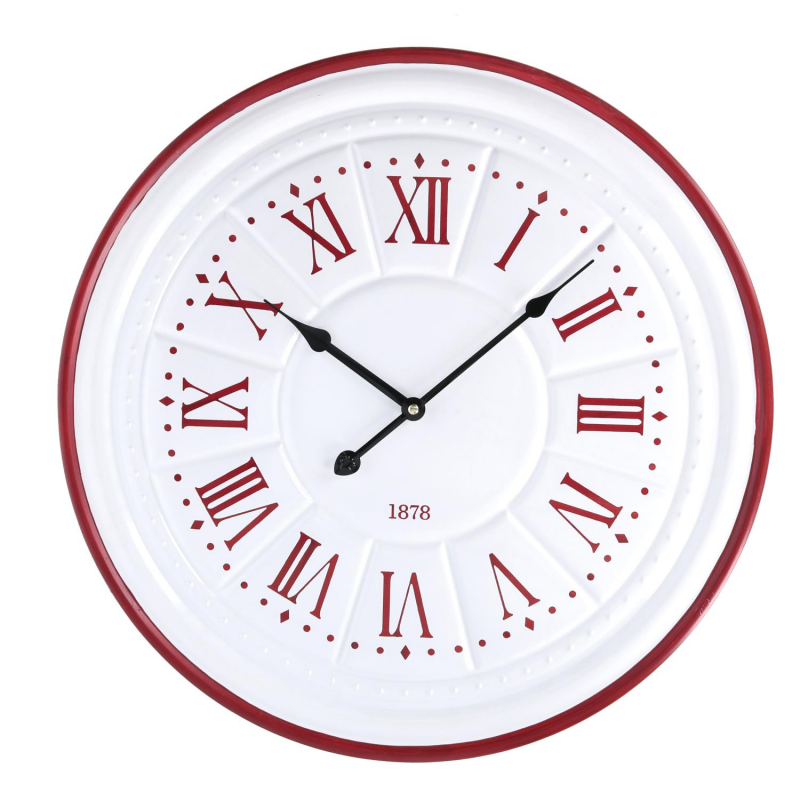 foto del prodotto orologio legno metallo bianco anticato bordo rosso cm 50x4,5