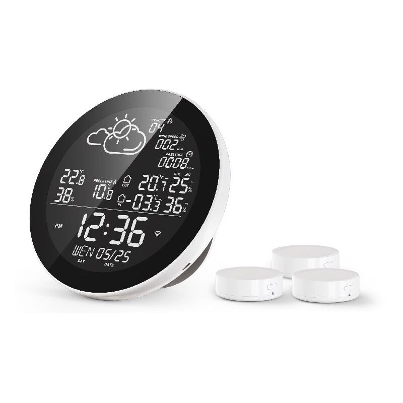 foto del prodotto orologio meteo wifi monopezzo, termometro wireless per interni ed esterni wlan con 3 sensori esterni con display lcd