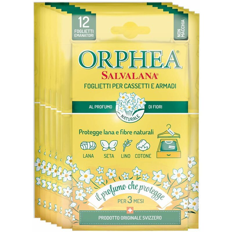 foto del prodotto orphea salvalana, foglietti emanatori per cassetti e armadi, per lana e vestiti tutta la stagione, profumo di fiori, 6 confezioni da 12 foglietti
