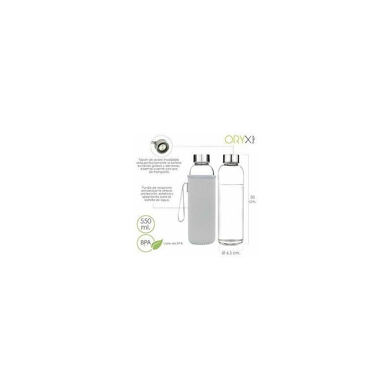 foto del prodotto oryx borraccia in vetro da 550 ml. copertura in neoprene con maniglia. senza bpa