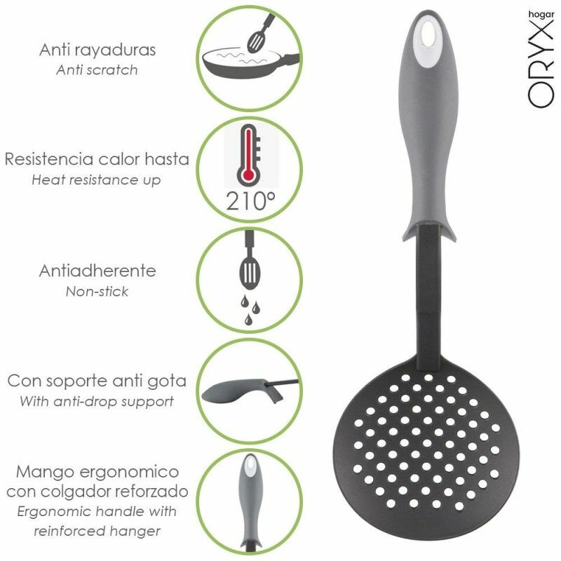 foto del prodotto oryx skimmer da cucina in nylon con manico gommato antigoccia 35 x 11,7 cm.