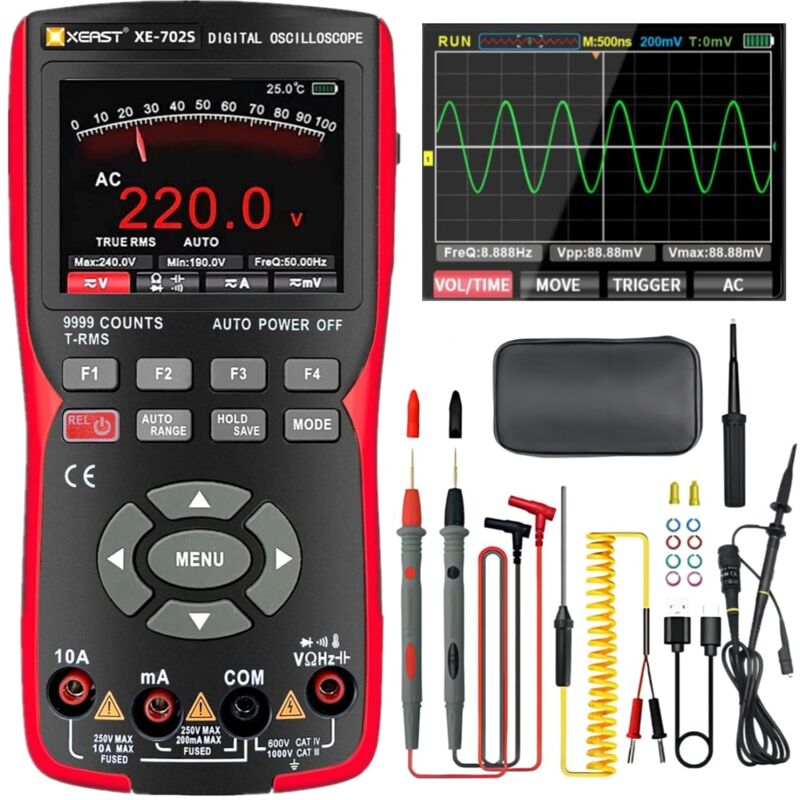 foto del prodotto oscilloscopio multimetro digitale 2 in 1, voltmetro multifunzione 9999 conteggi, larghezza di banda 10 mhz 48 msa s, oscilloscopio professionale con