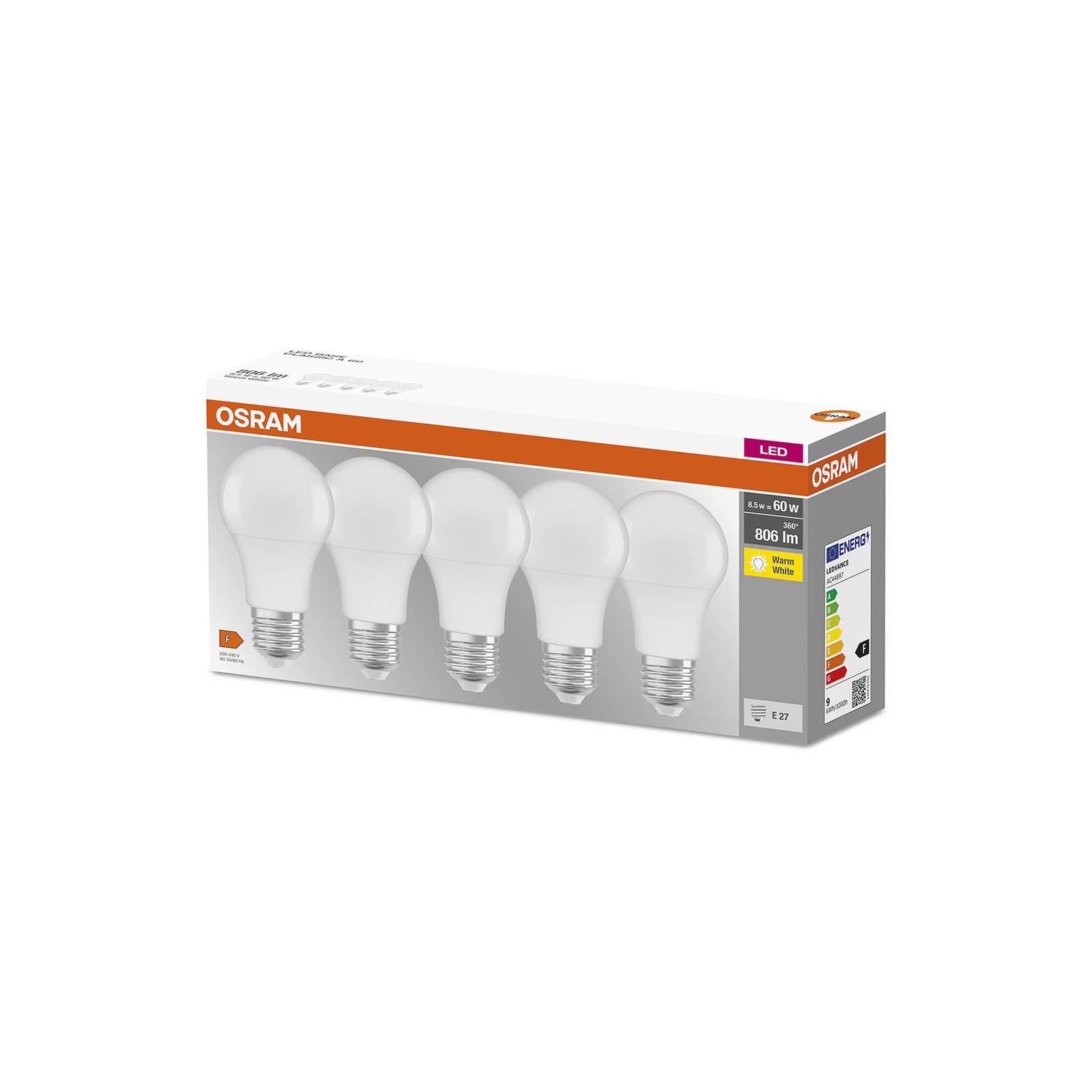 foto del prodotto osram base classic a lampadina led e27 8,5w 806lm confezione da 5