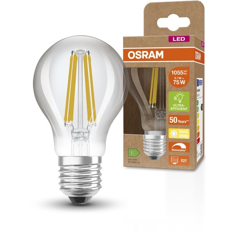 foto del prodotto osram lampada led superstar classic a fil 75, e27, goccia, 5.7w, 1055lm, 2700k, luce bianca calda, dimmerabile, filamento led, basso consumo