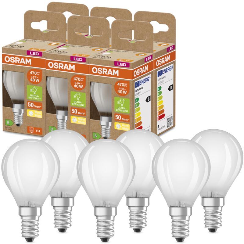 foto del prodotto osram lampada led superstar classic p glfr 40, e14, sfera, 2.5w, 470lm, 2700k, luce bianca calda, tecnologia a filamento led, basso consumo