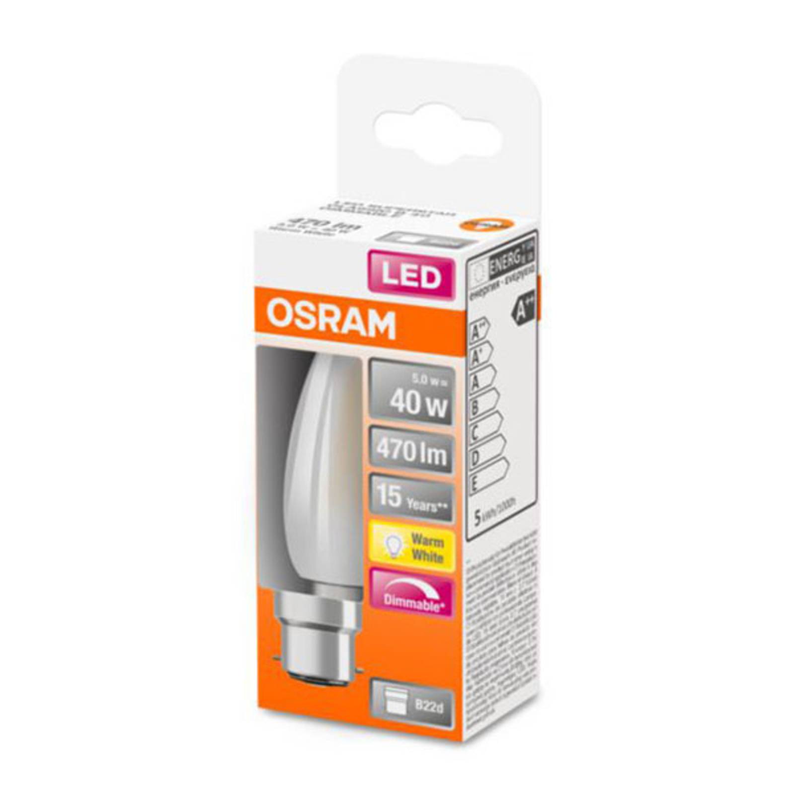 foto del prodotto osram lampadina a candela b22d 5w 2.700k opaca dimmerabile