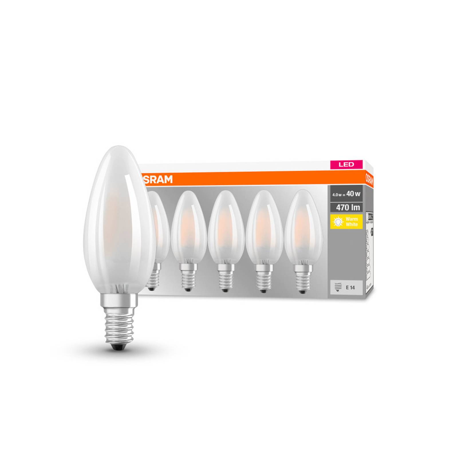 foto del prodotto osram led candela e14 4w 2.700k 470lm 5x