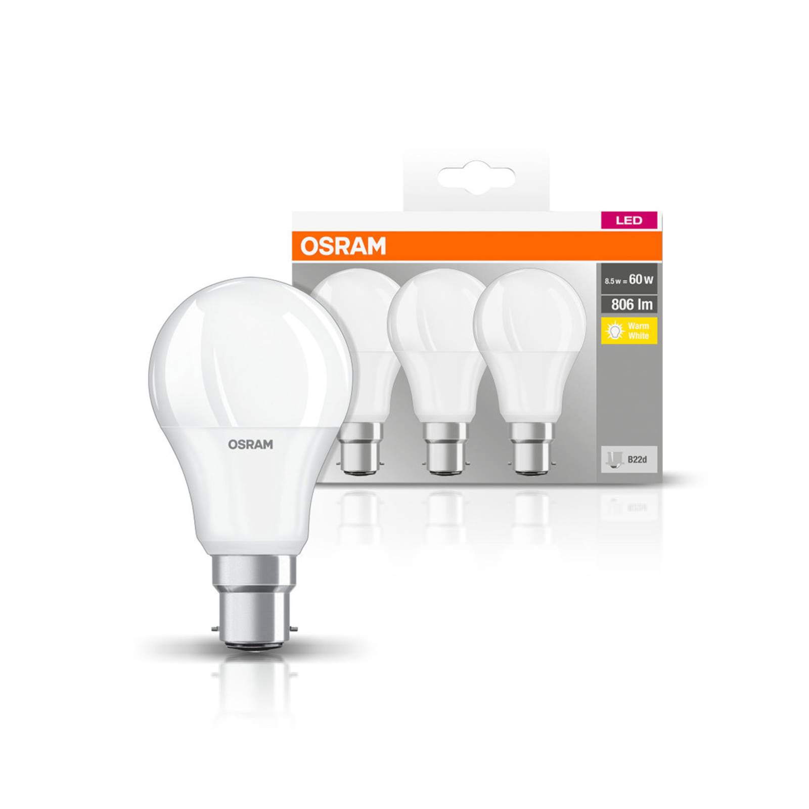 foto del prodotto osram led classic b22d 8,5w 2.700k 806lm 3x