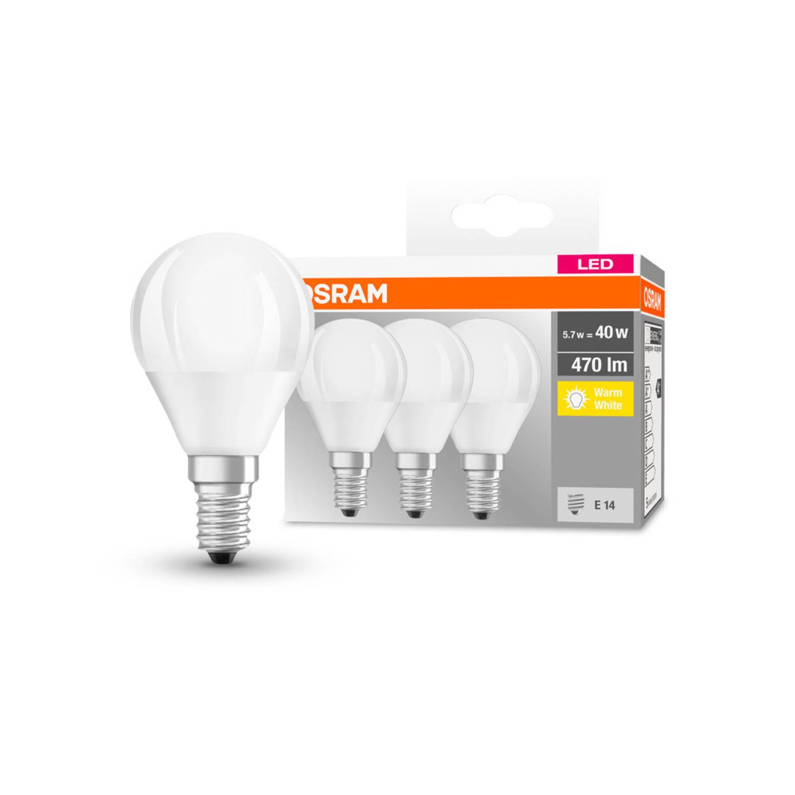foto del prodotto osram led goccia e14 p40 4,9w 2.700k 470lm 3x