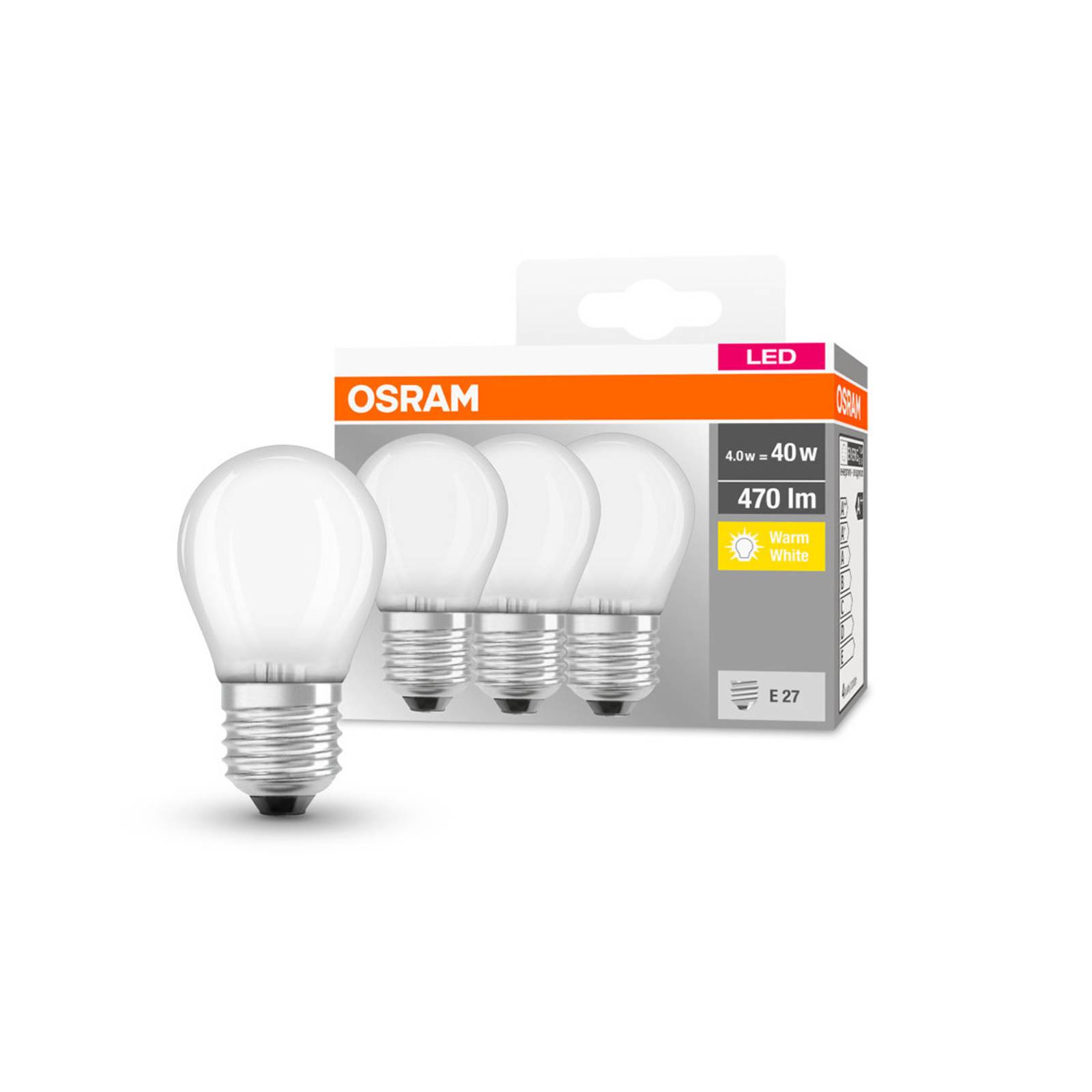 foto del prodotto osram led goccia e27 p40 4w 2.700k 470lm satin 3x